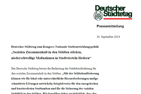Deutscher Städtetag zum Kongress Nationale Stadtentwicklungspolitik